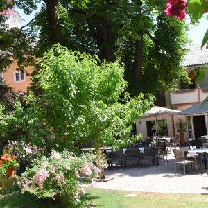 Verweilen im Gastgarten und zwei alten Kastanienb&auml;umen